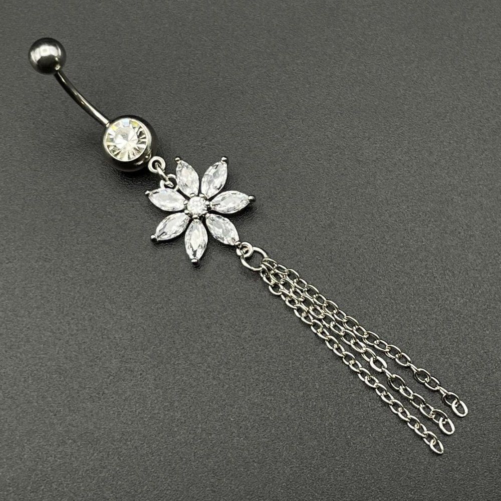 316L Stainless Steel with White Diamond Cubic Zirconia Flower 14G Belly Ring